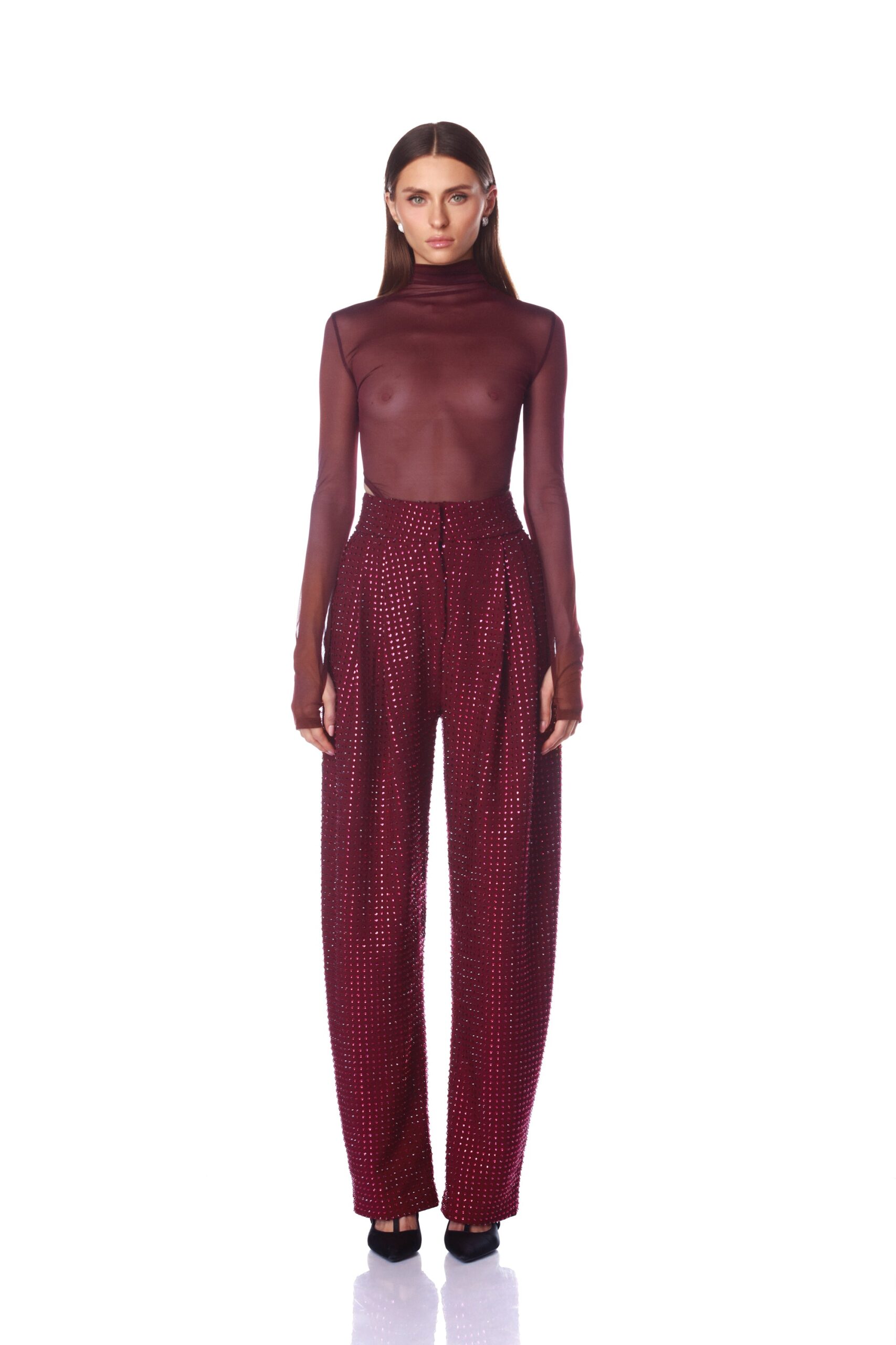 Bronx and Banco Gaia Mesh Burgundy Long Sleeve Bodysuit Bronx and Banco Red Gaia Mesh Burgundy Long Sleeve Bodysuit a harmonious blend of structured elegance and timeless sophistication
