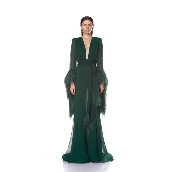 Bronx and Banco Green Geisha V-Neck Green Gown  a harmonious blend of structured elegance and timeless sophistication