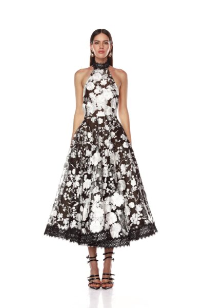 Bronx and Banco Black Greta Bouquet Black and White Midi Dress  a harmonious blend of structured elegance and timeless sophistication