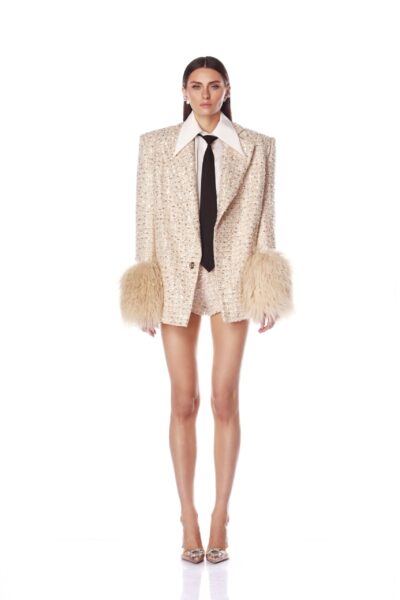 Bronx and Banco Beige Kacey Tan Sequin Blazer  a harmonious blend of structured elegance and timeless sophistication