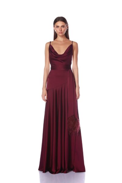 Bronx and Banco Red Leo Burgundy Gown  a harmonious blend of structured elegance and timeless sophistication