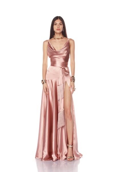 Bronx and Banco Pink Leo Peach Gown  a harmonious blend of structured elegance and timeless sophistication