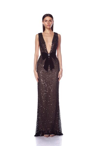 Bronx and Banco Black Liora Gown in Black  a harmonious blend of structured elegance and timeless sophistication