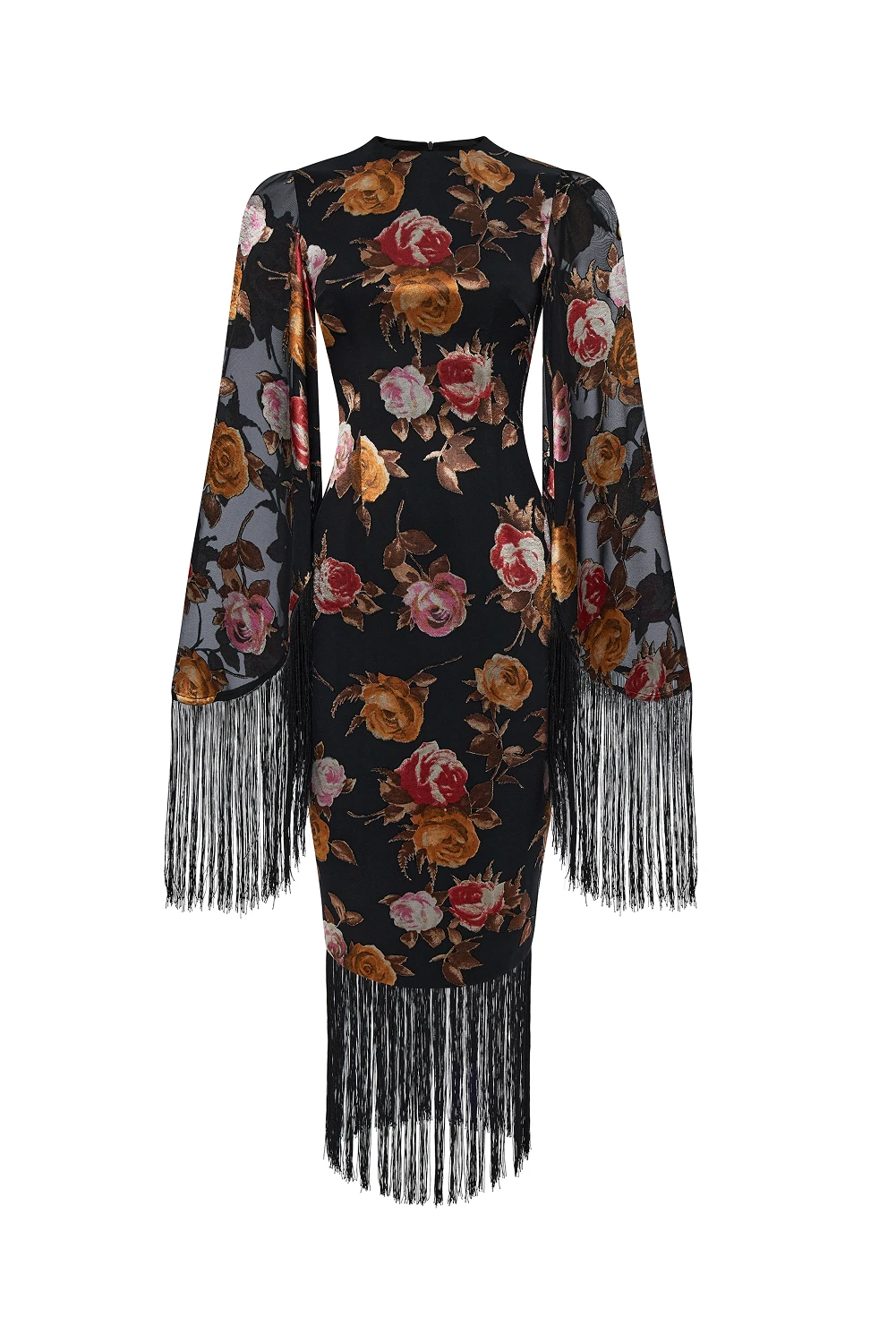 Rasario Chiffon-Devoré Midi Dress With Fringe Trim Rasario Midi Dress – couture evening dress