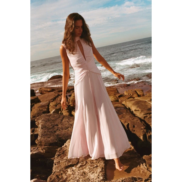 Cut out ruched maxi dress in fairyfloss in a semi-sheer georgette.