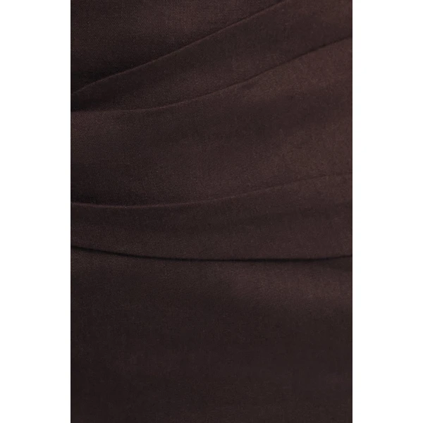 Asymmetrical tie mini dress in ganache in a premium stretch linen blend.
