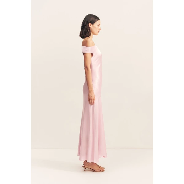 Asymmetrical draped maxi dress in blossom in a LENZING ECOVERO with a luxurious satin finish.