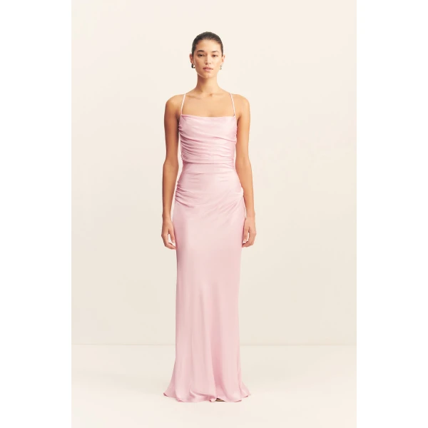 Lace back maxi dress in blossom in a LENZING ECOVERO with a luxurious satin finish.