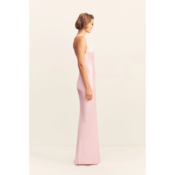 Plunged cross back maxi dress in blossom in a LENZING ECOVERO with luxurious satin finish.