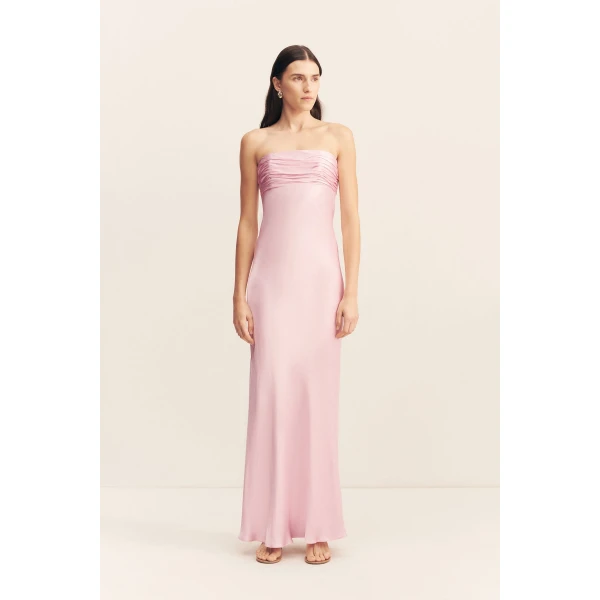 Strapless maxi dress with ruched bodice detail in blossom in a LENZING ECOVERO with luxurious satin finish.