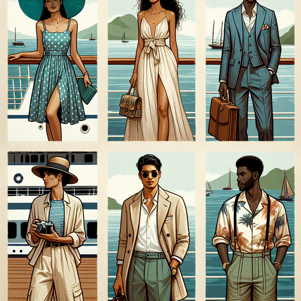 Stunning Outfits for Boat Cruise Parties: Effortless Style A variety of fashionable outfits suitable for boat cruise parties are on display. First, a polka dotted sundress with a teal wide-brimmed hat is worn by a Hispanic woman. Next, a South Asian man elegantly dressed in a crisp linen suit paired with loafers. Third, a Middle-Eastern woman in an elegant jumpsuit accessorised with a fancy clutch bag. Lastly, a Black man in a stylish Hawaiian shirt paired with khaki shorts is totting a vintage camera. Each outfit exudes an aura of effortless style and sophistication. The sea and part of a cruise ship form the backdrop for these summer cruise outfits.