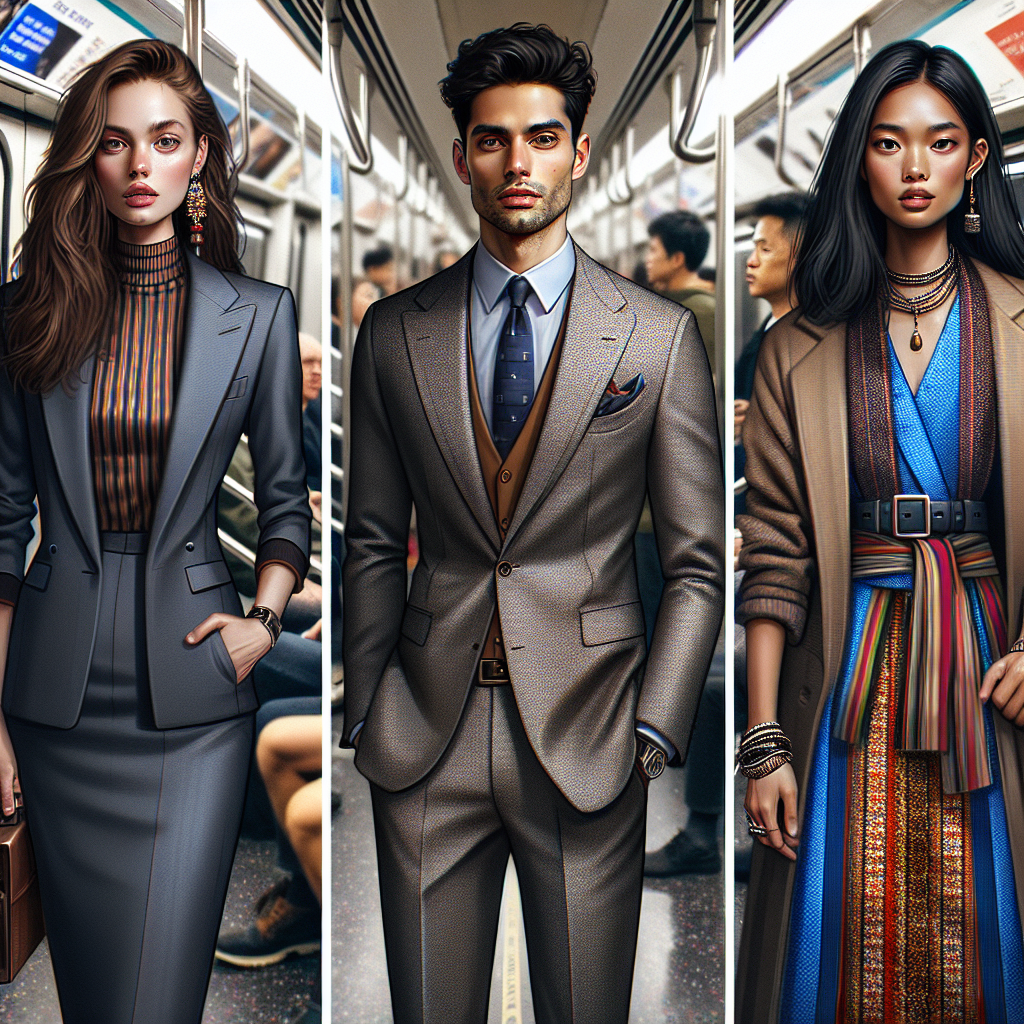 Create an image depicting three people in polished and striking attire designed for interview settings in a bustling subway context. The first person should be a Middle-Eastern woman in a well-tailored modern business suit with fashionable accessories. The second person is a Caucasian man in a smart-casual ensemble featuring layered clothing with eye-catching colors. The third person is a South Asian woman wearing a chic outfit that seamlessly blends traditional and contemporary styles. All of them should be displaying confident postures and expressions, showing that they are ready for their interviews. The subway background should hint at the urban rush, but the main focus should be on the outfits.