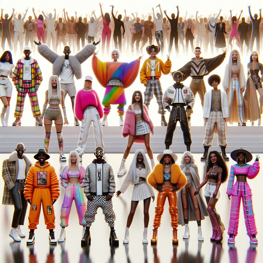 Stunning Outfits for SKZ Concerts: Dress to Impress! Imagine a scene displaying a variety of stunning outfits designed for a pop music concert. The ensemble includes a mix of edgy streetwear, chic and fashionable styles, and eclectic avant-garde pieces. Each outfit is unique and has its own stand-out features that one would choose to impress, such as vivid colors, trendy cuts, sequins or glam details. People of different genders and descents, such as Caucasian and South Asian males, a Black woman, and a Middle Eastern non-binary individual, wearing these outfits confidently. They are clearly excited and ready to enjoy the concert. The focus is on the different textures, colors, and styles of the clothing and should evoke a joyful and thrilling concert environment.