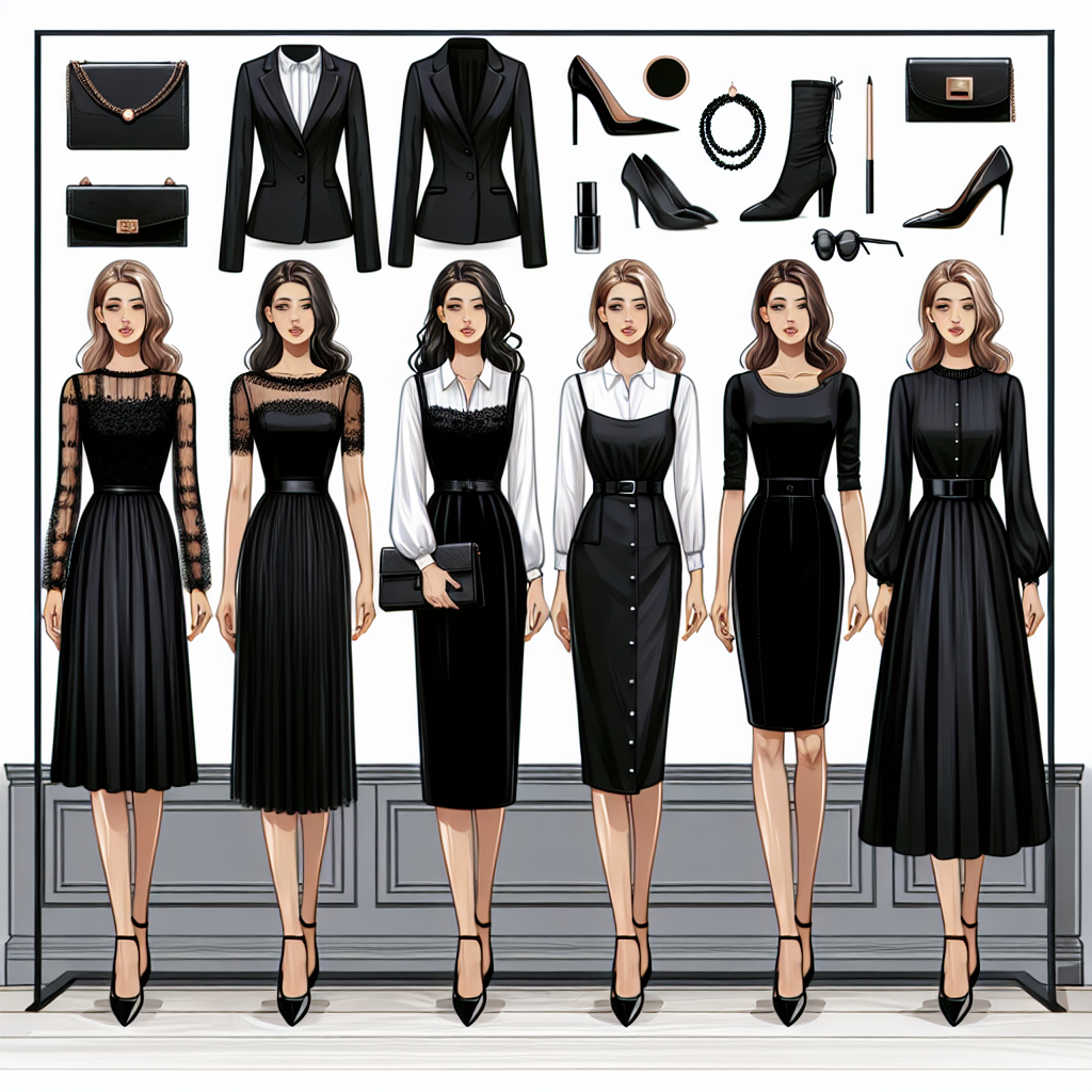 Funeral Outfits for Women: Must-Have Elegant Choices Create an image of a fashionably curated showcase, displaying various choices of elegant funeral attire for women. Illustrate a range of outfits that could include a chic black dress with a modest neckline and sleeves, a classic black suit paired with a white blouse, a tasteful black skirt coupled with a simple, stylish black top, and a set of coordinated black accessories. Make sure to add a tastefully elegant ambiance to the scene, complementing the sophistication and respectfulness of these outfits. Ensure a balanced representation of women from different descents like Caucasian, Black, Hispanic, South Asian, and Middle-Eastern.