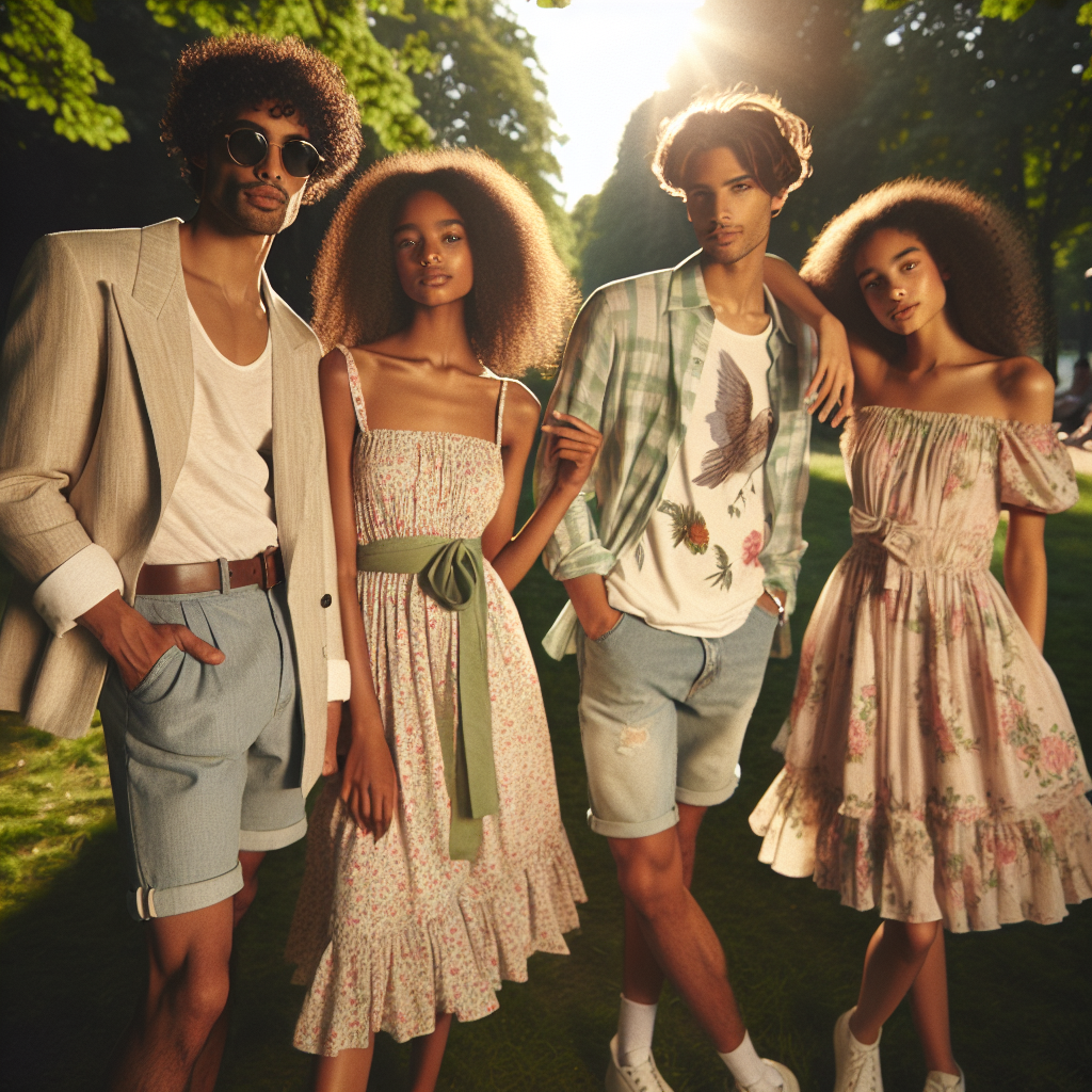 Stunning Outfits for Family Reunions - Must-See Styles! Imagine a summer family reunion scene at a park. The sun dapples through the lush green trees, casting a warm glow over the scene. Depict a family of five in the scene, each styled impeccably. The father, of Middle-Eastern descent, is in a crisp linen suit, sunglasses perched atop his head. The mother, a Black woman, wears a beautiful floral summer dress, her curly hair kept in a neat bun. Their teenage son, of mixed race, is donning casual cool with a graphic tee and denim shorts. Their two daughters, one being Caucasian and the other Asian, wear matching pastel sundresses. Let each outfit reflect their individual personalities and the carefree joy of summer.