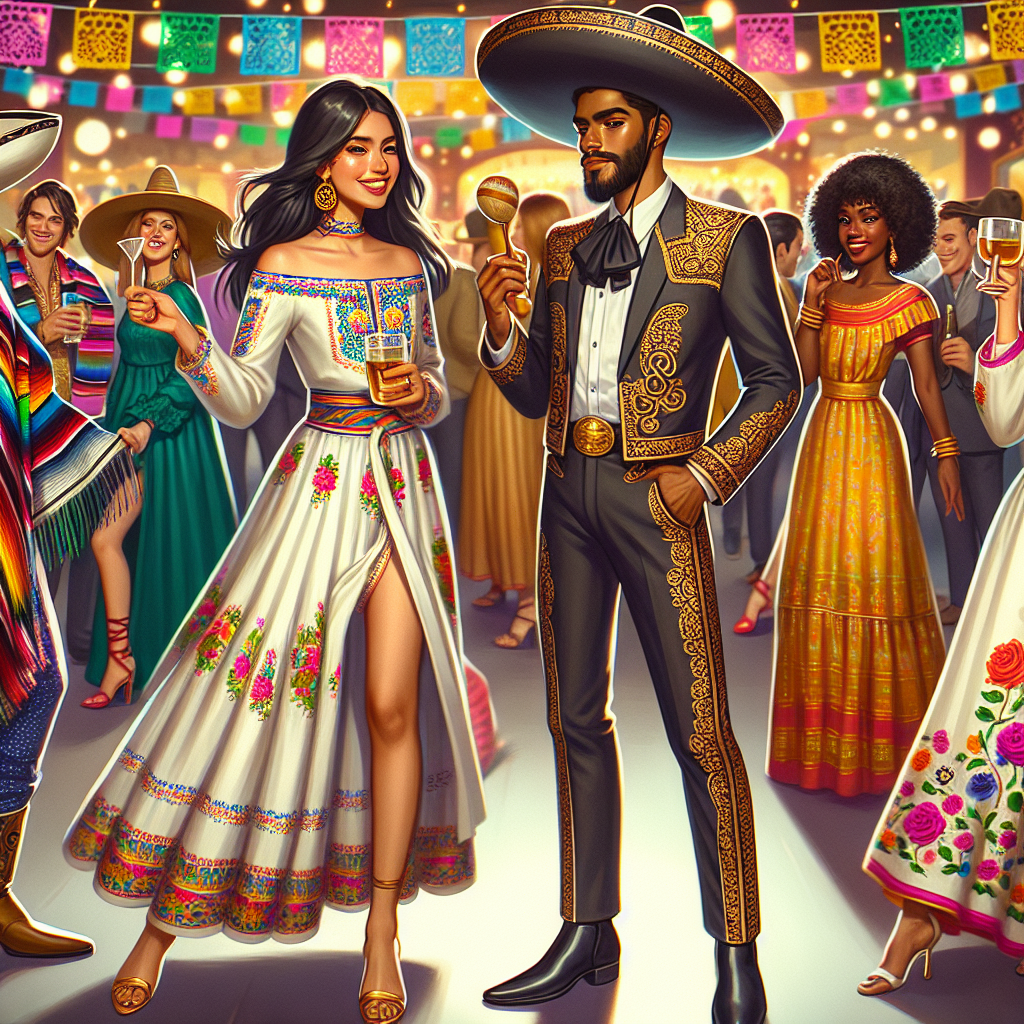 Must-Have Outfits for a Mexican Themed Party Envision a lively celebration for a themed party inspired by Mexican tradition and culture. You see a variety of party-goers showcasing their outfits. In one area, there's a woman of Middle-Eastern descent wearing a colorful embroidered blouse and a long, flowy skirt. Nearby, a man of black descent is dressed in a traditional charro suit, exuding elegance with its gold embroidery. A group of South Asian women are sporting vibrant rebozos, while a white man is playfully wearing a sombrero and carrying a pair of maracas. The atmosphere is vibrant and jubilant, filled with Mexican iconography.