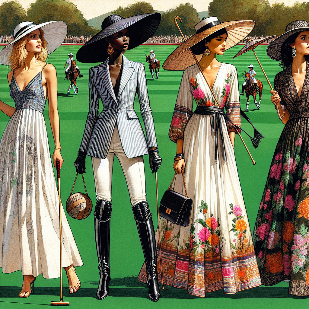 Stunning Outfits for Women at Polo Matches A fashion-focused composition featuring four women of different descent, each demonstrating striking attire for polo matches. The first woman, Caucasian, is wearing a chic sundress paired with a large floppy hat for sun protection. The second woman, Black, is showcasing a tailored blazer with riding pants, exemplifying both style and practicality. The third woman, Middle-Eastern, has chosen a flowing maxi dress decorated with floral patterns, combined with a stylish parasol. The last woman, South Asian, is donning a sophisticated jumpsuit accessorized with a clutch bag. Background includes the vibrant green field of a polo match.