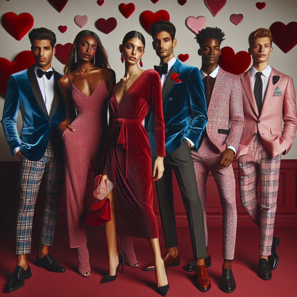 Stunning Outfits for Your Valentine's Party: Find the Best! A visually intriguing fashion spread for Valentine's Party outfits. The scene features a diverse range of individuals showcasing their style. There are six individuals, two of each gender, and each of a different descent: a Caucasian man wearing a stylish blue velvet suit, a Hispanic woman in a chic, sparkly red dress, a Middle-Eastern woman sporting an elegant burgundy jumpsuit, a Black man in a trendy red and white checkered suit, a South Asian man in a charming pink linen suit, and a White woman in a trendy hot pink dress. They all stand confidently, their outfits complementing Valentine's Party themes.