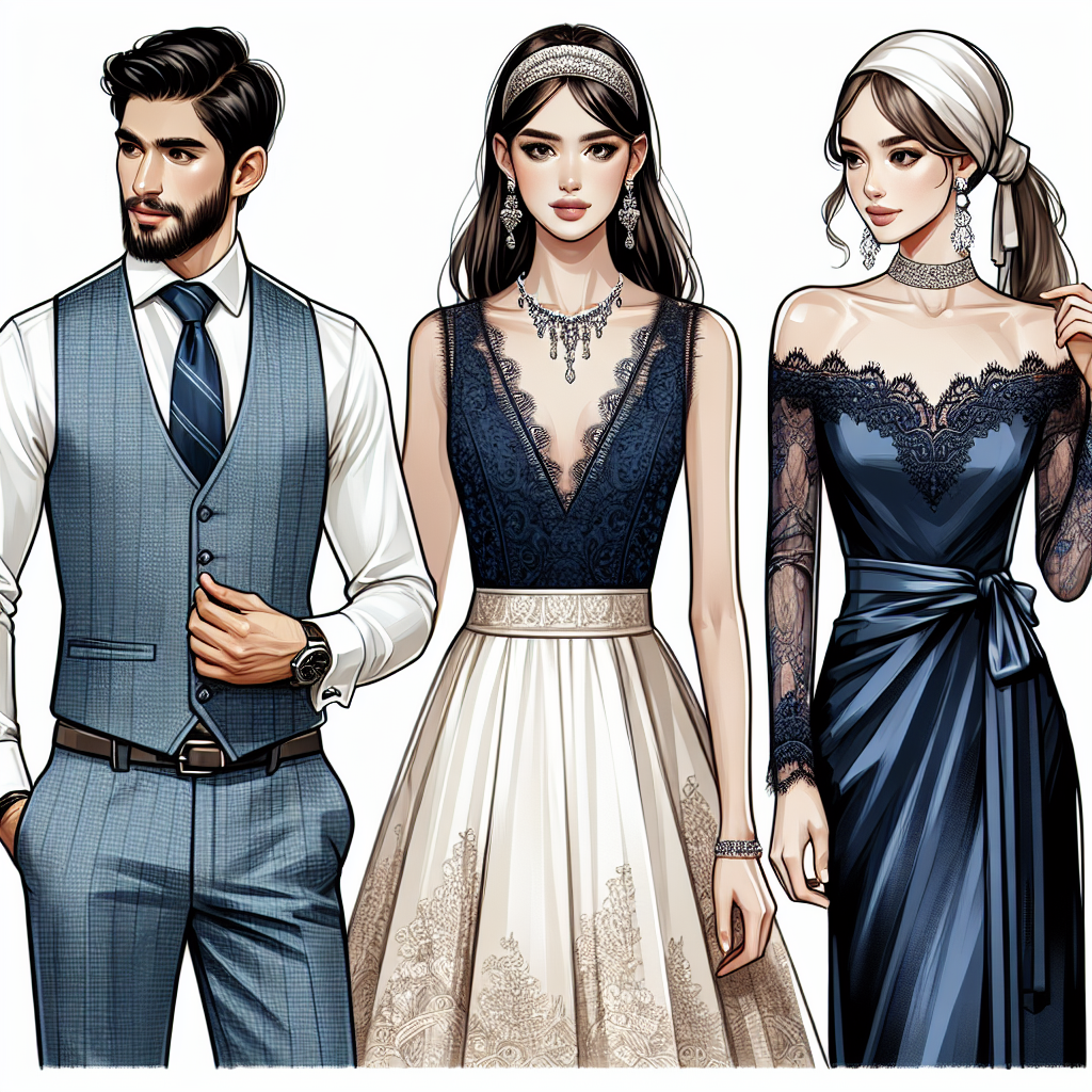 Must-Have Styles for Blue Vest Elegance at Weddings An illustration showcasing three individuals who are dressed up for a wedding event. One individual is a Middle-Eastern man with a sharp, well-groomed beard, wearing a light blue vest over a light crisp white shirt, pairing it with dark trousers. Another person is a Caucasian woman in a navy blue lace vest and elegant cream colored gown, with an intricate pearl necklace adorning her neck. The third person is an Asian woman, expressing her style in a darker blue, silk textured vest over an off-shoulder dress, complemented with silver statement earrings. They all wear items that embody sophistication and elegance.