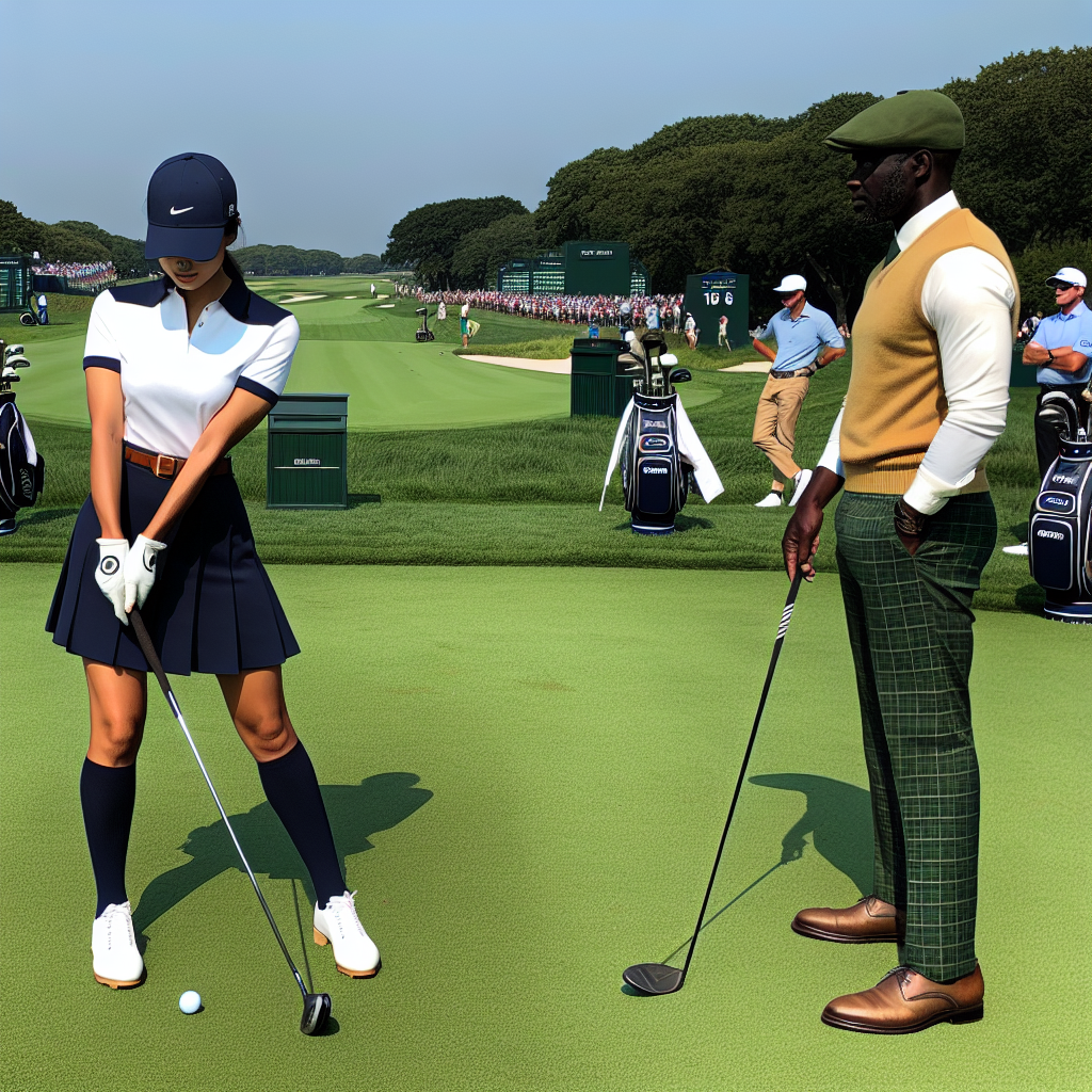 An outdoor scene at a professional golf event. To the left, a South Asian woman wearing classy golf attire &ndash; a tailored navy golf skirt, crisp white polo shirt, matching navy cap, and comfortable golf shoes. She is preparing for her swing with perfect concentration. To the right, a Black man observes her, dressed in traditional golf attire &ndash; a smart green checked trouser, a yellow sweater over a white shirt, a matching green flat golf cap, and brown golf shoes. The course is well-groomed, surrounded by lush green trees and blue skies. Golf carts and spectators can be seen in the distance.
