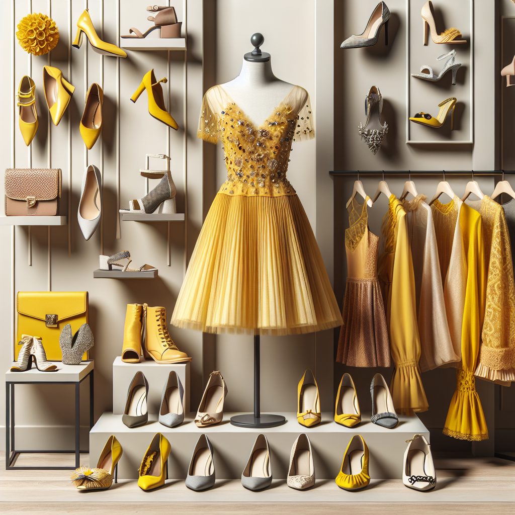 Must-Have Shoes for Your Yellow Dress Look Imagine an expertly curated array of must-have shoes for complementing a yellow dress. The collection includes varying styles and types of footwear, from chic heels to comfortable flats, in a range of colors that expertly match a yellow dress. Some shoes are monochrome while others flaunt intricate multi-colored patterns. A few of them might have jewel embellishments adorning them. The shoes are arrayed on a sophisticated display stand against a simple backdrop to accentuate their features. Add a tastefully arranged yellow dress draped on a mannequin nearby, coordinating impeccably with the featured shoes.