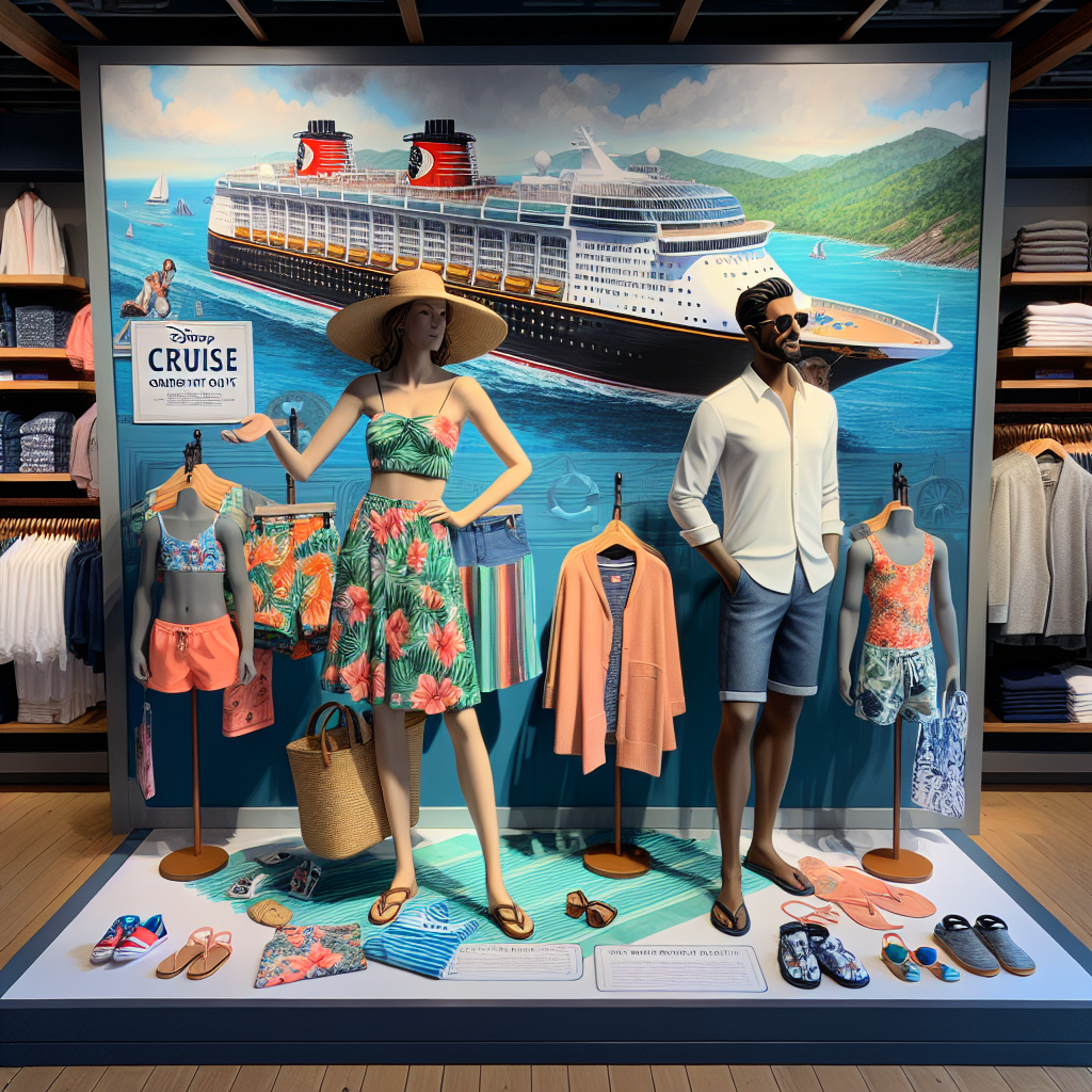 Disney Cruise Outfits: Find Your Must-Have Looks A detailed shop display consisting of a variety of cruise wear and accessories that are ideal for travellers. In the center, a Caucasian woman proudly displaying her tropical-themed outfit complete with a sun hat, and a Black man showcasing a comfortable but stylish, smart casual outfit. On a nearby rack, a diverse selection of children's clothing is placed, including swimwear, sunglasses, and beach shoes of various vibrant colors. In the background, an impression of the cruise liner is depicted, evoking the fun and excitement of a vacation at sea. Also, include a sign in the scene saying 'Disney Cruise Outfits: Find Your Must-Have Looks'.