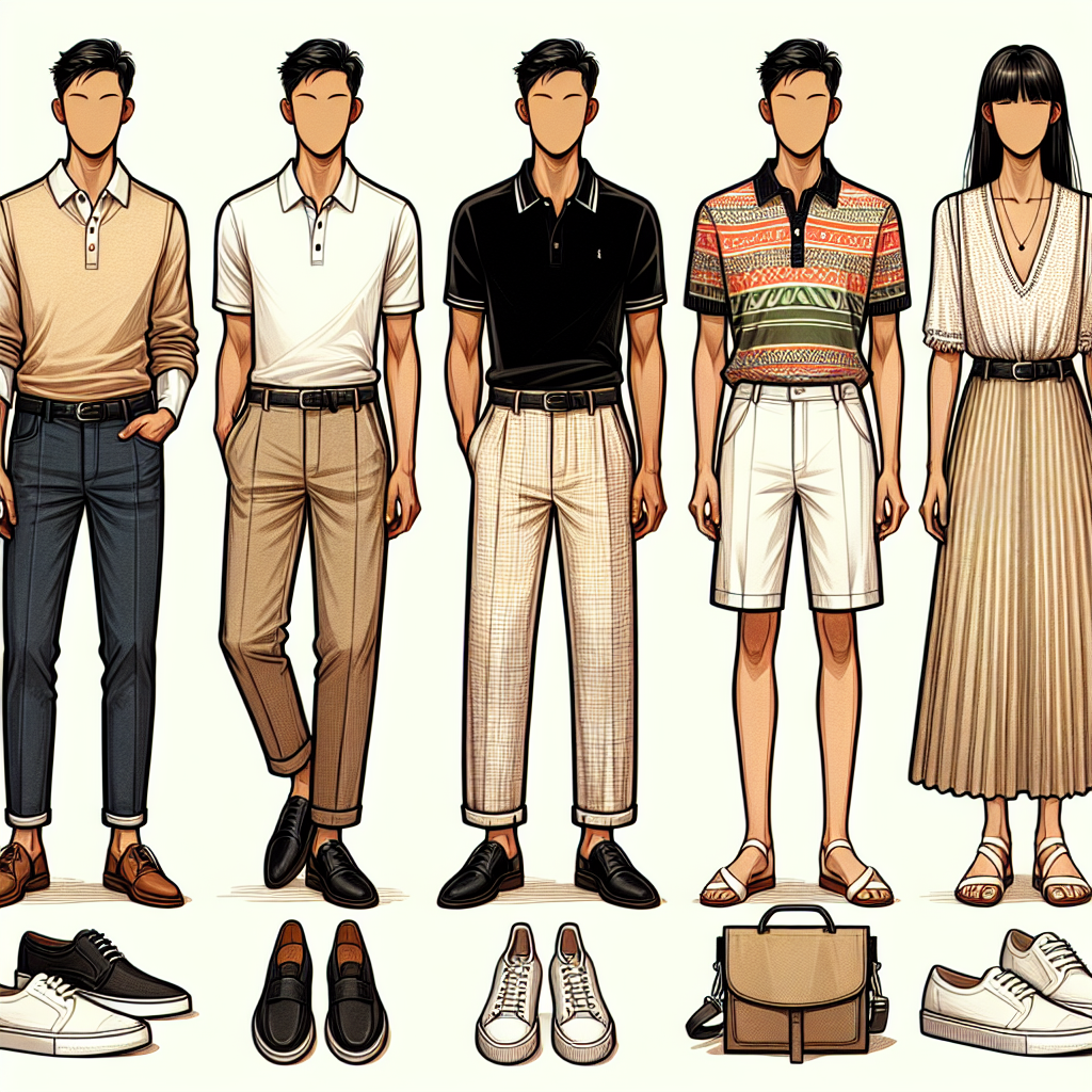 Exclusive Tips: What to Wear with a Polo Shirt Visualize an informative graphic for a fashion-based article which revolves around styling a polo shirt. Display a variety of outfit combinations, including a light-colored polo paired with tailored dark denim jeans and brown loafers for a male of South Asian descent; a black polo shirt styled with beige chinos and white sneakers for an East Asian female; a vibrant, patterned polo complemented by white linen shorts and strappy sandals on a Black male; and a neutral-toned polo with pleated midi skirt and ankle boots for a white female. Ensure the overall theme of the illustration is style-focused and informative.