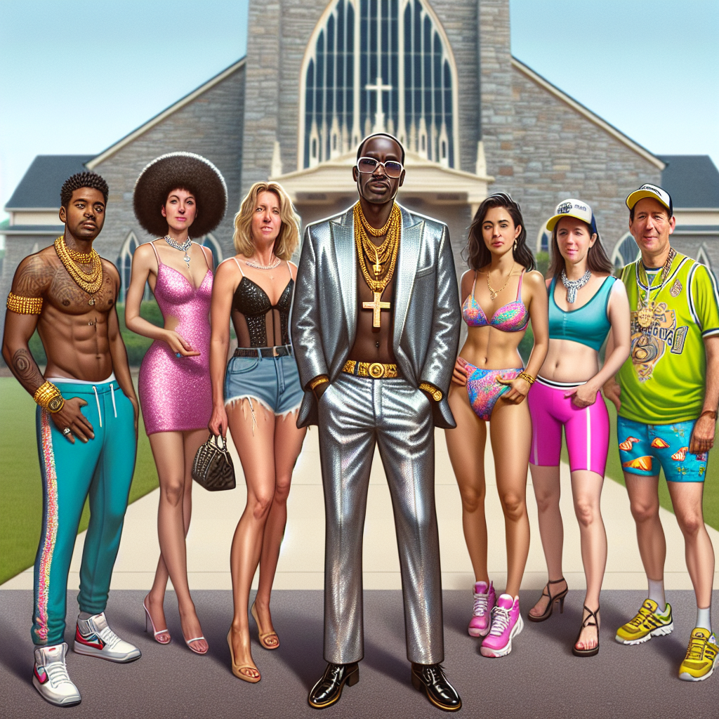 Must-Win Looks: What Not to Wear to a Baptism Create an image that reflects the concept of inappropriate attire for a baptism. Visualize a variety of people of different genders and descents in different kinds of outfits, each showing a glaring fashion faux pas for a religious occasion. The individuals could range from a young black man in a flashy disco suit with a massive gold chain, to a middle-aged caucasian woman in a mini-skirt and high heels, to a south asian lady in a neon spandex workout gear, and a hispanic gentleman in a tropical beach outfit. All are standing near a church to contrast with the sanctity of the location.