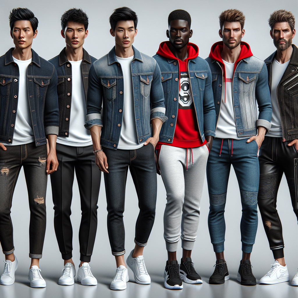 Stunning Outfits for Men: Effortless Jean Jacket Pairings Visualize a fashion-themed scene showcasing several stunning and effortless jean jacket pairings for men. The first man, an Asian man in his mid-thirties, wears a dark blue jean jacket over a crisp white t-shirt, paired with black jeans and white sneakers. The second man, a Black man in his twenties, sports a faded blue jean jacket with a bright red hoodie underneath, matched with grey jogger pants and black running shoes. Finally, an older Caucasian man in his fifties presents a stylish biker look with a black jean jacket, white graphic t-shirt, black leather pants, and black boots. All of them pose confidently, showcasing their diverse yet unified fashion sense.