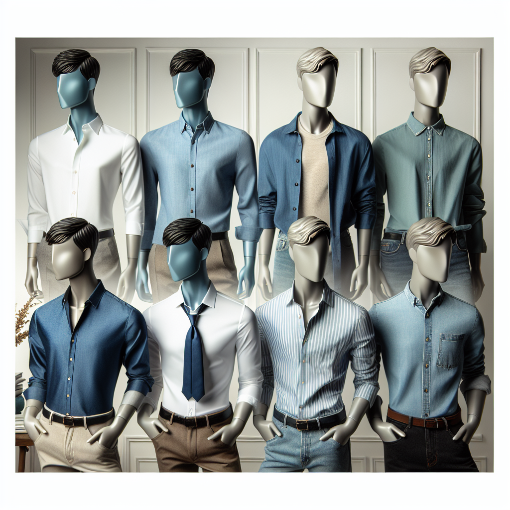 Must-Have Shirts for a Chic, Effortless Look at Work Create a vibrant display of six must-have shirts for a chic, effortless professional look at work. The first shirt should be a white button-down on a mannequin of South Asian descent, the second a blue silk blouse on a Middle-Eastern mannequin, the third a neutral-toned linen shirt on a Black mannequin. The fourth shirt is a striped cotton number on a Caucasian mannequin, the fifth satin number with a bow tie on a mannequin of Hispanic origin and the final one is a trendy denim shirt on a White mannequin. Each one should be styled to exude effortless aesthetics while maintaining a professional look.