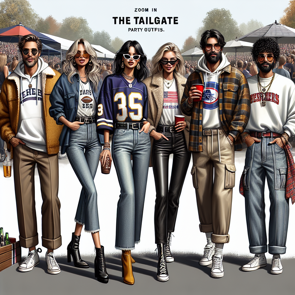 Must-Have Tailgate Outfits for Effortless Style Imagine a bustling outdoor tailgate party scene filled with laughter and camaraderie. Zoom in on a group of five stylish individuals showcasing their must-have tailgate outfits. A Caucasian woman, looking radiant in a fashionable team jersey paired with boot-cut jeans and chic sunglasses. A Hispanic man sporting a comfortable hoodie in team colors complemented by cargo shorts. A Black woman elegantly dressed in a flannel shirt layered upon a graphic tee, skinny jeans, and ankle-length boots. A South Asian man displaying a mix-match style with a vintage sports jacket, jeans, and a team beanie. Lastly, a Middle-Eastern woman exhibiting a minimalist style with a classic white tee, distressed jeans, and a baseball cap. Each individual's outfit echoes their unique style while sharing a collective passion for the game.