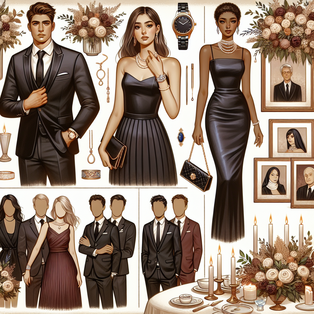 Elegant Attire for a Celebration of Life: Must-Have Tips An insightful, detailed depiction of various individuals fittingly dressed for a celebration of life event. Show a Caucasian man in a sophisticated black suit accessorizing with elegant watch, a Middle-Eastern woman in a sleek, navy silk dress highlighted by her pearl necklace, and a Black woman dressed in a refined burgundy dress paired with diamond earrings. In the background, display tastefully arranged floral arrangements, beautiful reminiscing photographs and warmly illuminated candles to add a touch of solemn ceremony. Include tips such as sticking to muted tone outfits, selecting meaningful accessories, and the art of carrying oneself during the event.