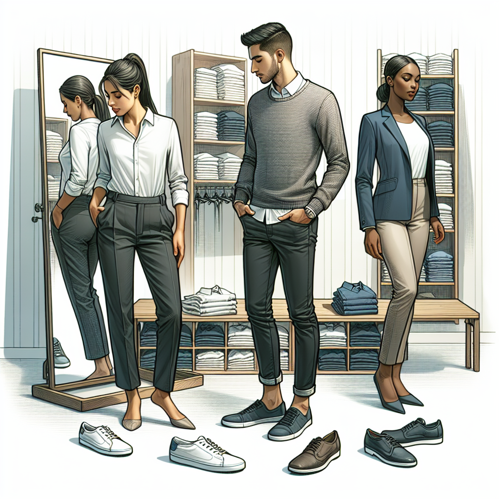 What to Wear to a Retail Job Interview: Failproof Outfits Imagine a detailed scene featuring three people preparing for a retail job interview. They are standing in front of mirrors, examining their outfits. The first person is a Hispanic woman wearing a sharp white blouse, black slacks, and practical flats. The second person is a Middle-Eastern man sporting a grey sweater, dark jeans, and clean sneakers. The third person is a Black woman, dressed in a stylish navy blue blazer, a light blue top, and professional khaki pants. Focus on the details of their attire, including its color, fit, and functionality for a retail setting.