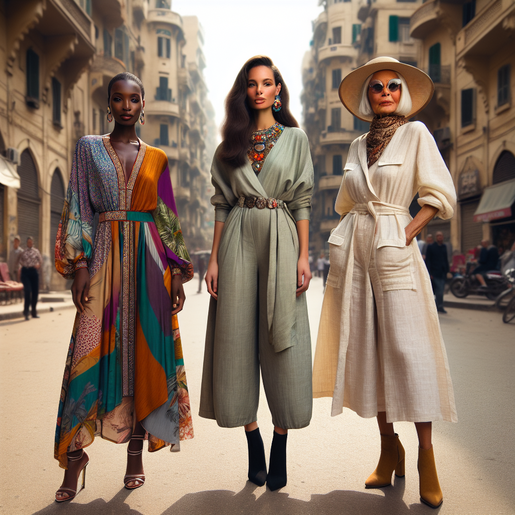 Stunning Cairo Outfits for Women: Effortless Style Portrait of three different women standing side by side on a Cairo street. The woman on the left is a fashionable and confident Black woman in her 30s, dressed in a vibrant, modern version of a traditional Egyptian outfit, composed of a flowing colorful kaftan, a statement neckpiece, and matching heeled sandals. The woman in the center is a stylish Middle-Eastern woman in her mid 20s, portraying an urban chic style in a sleek jumpsuit paired with an embellished headscarf and boots. The woman on the right is a chic elder Caucasian woman beautifully exhibiting a classic style, wearing an elegant linen outfit with a wide brim hat and vintage sunglasses. The backdrop is a picturesque and lively Cairo street with buildings and a bustling crowd.