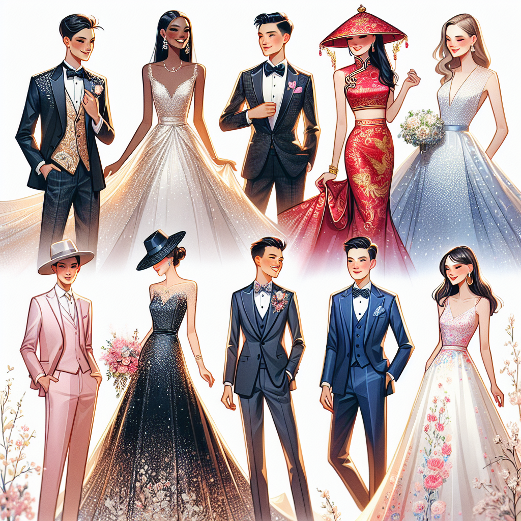 Stunning 2024 Wedding Outfits: Find Your Perfect Look Illustrate an array of different 2024 wedding outfits. Show outfits that range from the traditional to the latest fashion-forward designs in a variety of cultures. Include a Black bride in a glamorous, shimmering cocktail gown, an Asian bride in an extravagant red and gold cheongsam, a Hispanic groom in a modern suit paired with a trendy trilby hat, and a Caucasian groom in a navy blue tuxedo complimented with a pastel pink tie. All individuals should appear joyful and confident, showcasing their unique looks in a bright, elegant setting filled with delicate flowers and gentle light.