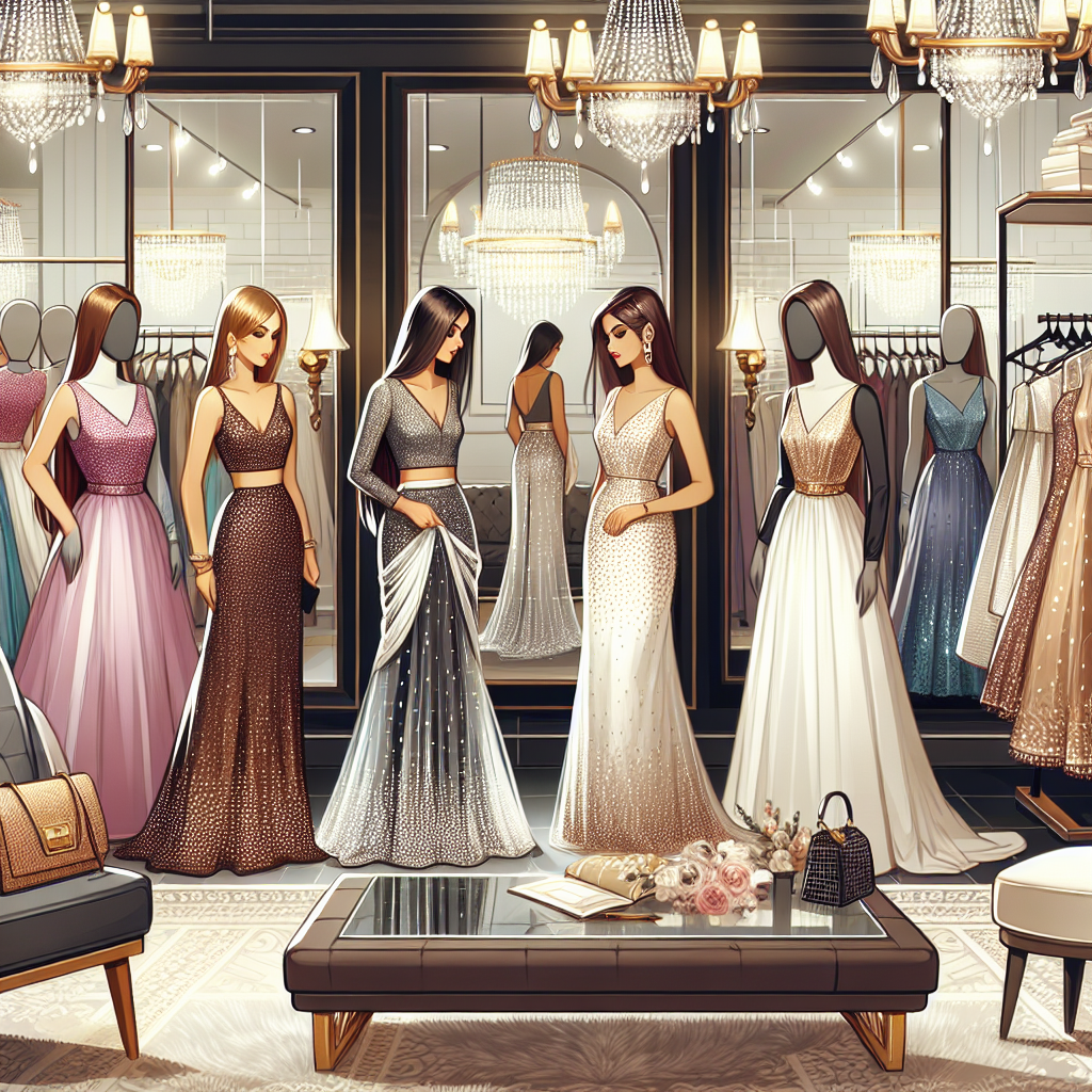 Stunning Outfits for Bridal Showers: Find Your Match! Illustration of a high-end fashion boutique with a wide range of stunning bridal shower outfits. There are mannequins displaying a variety of designer dresses. A South Asian woman in a modern sari, a Hispanic woman in a studded gown, and a Caucasian woman in a floral dress are showcased. Each woman is examining different outfits that showcase their individual styles and preferences. The atmosphere of the boutique is elegantly designed with luxe decor, reflecting on mirrors, chandeliers, and plush carpeting.