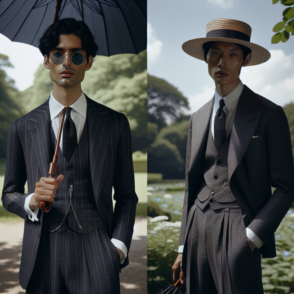 A visual depiction of two men in summer funeral attire, showcasing effortless elegance. The first man, a Middle-Eastern gentleman, is dressed in a lightweight, black linen suit with a crisp white shirt and black tie. He wears vintage round sunglasses and carries a matching black umbrella to shield himself from the hot summer sun. The second man, an Asian individual, sports an elegant black seersucker suit with a soft grey shirt and a dark tie, pairing it with a straw Panama hat for charm and protection from the sun. Both stand near a verdant, serene park, hinting at the solemnity and respect of the occasion.