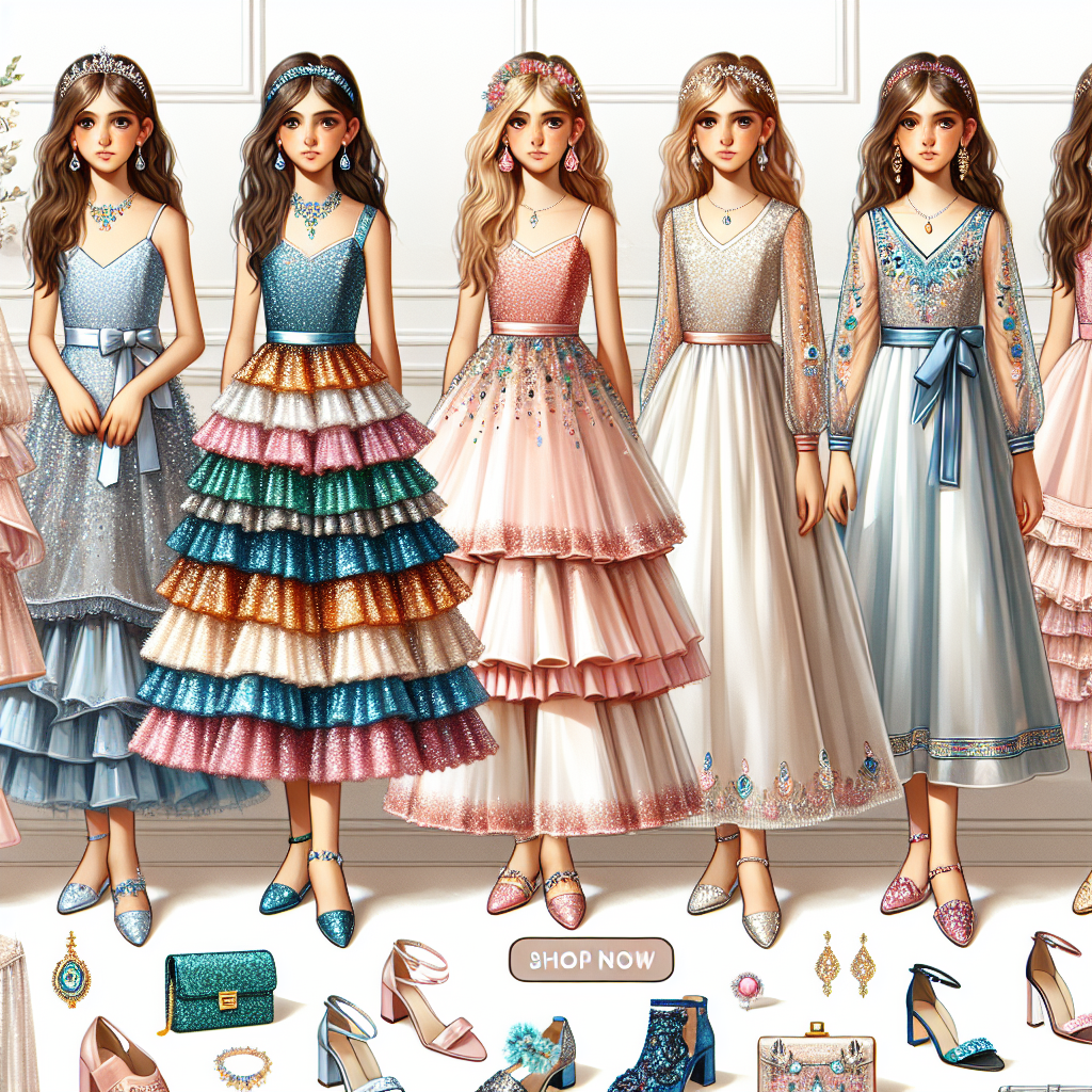 Stunning Outfits for Girls at Bat Mitzvahs - Shop Now! Several stunning outfits displayed for a Bat Mitzvah occasion. The selection includes a diverse range of attire suitable for girls of various ages. Showcase multicolor, sequin dresses with tiered ruffles, sophisticated satin gowns in light pastels, and chic, modest dresses in jeweled tones. The outfits are tastefully accessorized with delicate jewelry, matching shoes and fun hair accessories to complete the look. Add a 'Shop Now' sign to indicate that these attire are available for purchase.