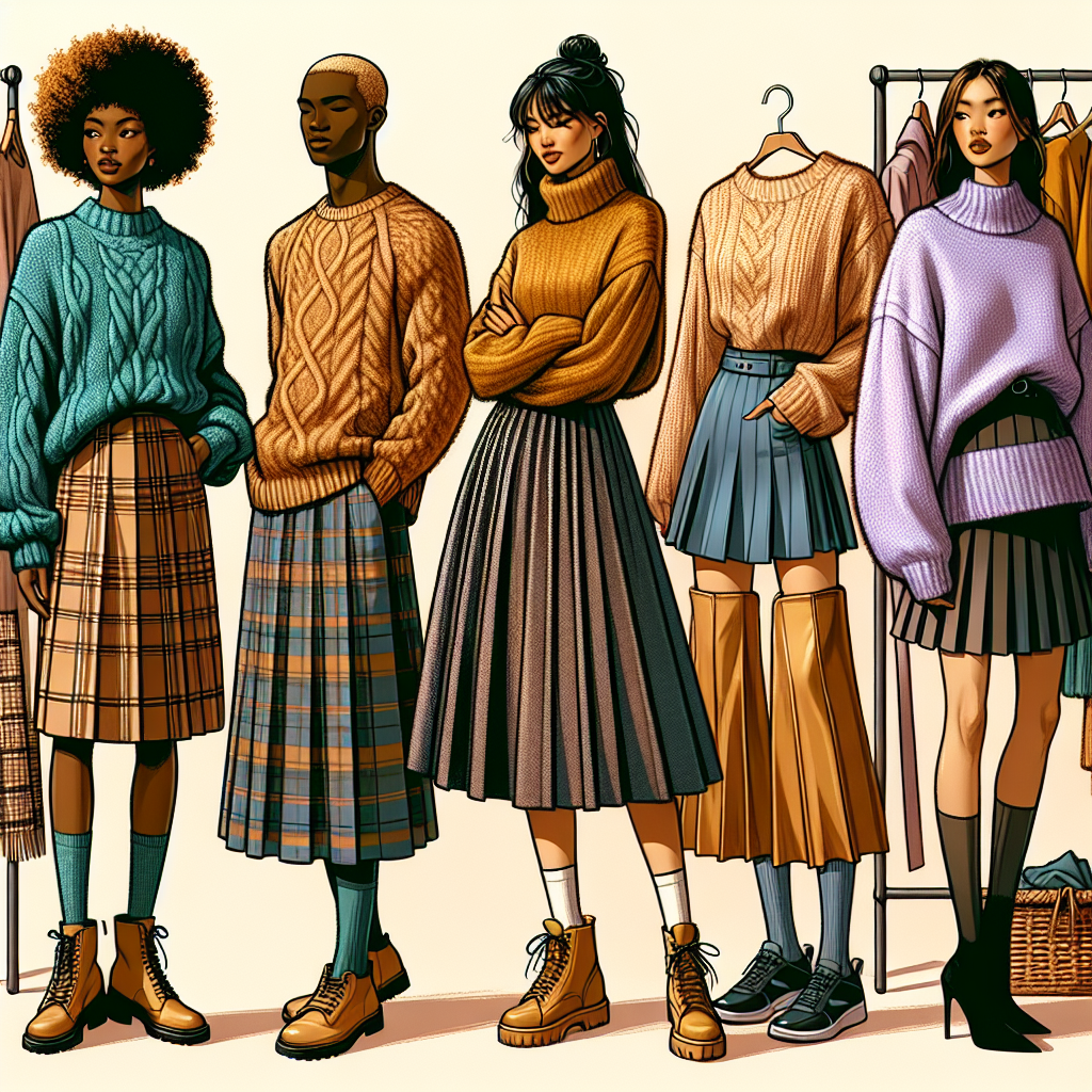 Find Your Perfect Skirt for Sweater Combos Here! Imagine a diverse fashion scene illustrating trendy skirt and sweater combos. First, envision a Black woman sporting a cozy woolen teal sweater tucked into a plaid midi skirt, paired with ankle boots. In another corner, imagine a Middle-Eastern man in a chunky mustard yellow sweater and a sporty kilt-style skirt with sneakers. Lastly, visualize a South Asian woman showcasing an oversized lavender sweater coupled with a pleated leather skirt and high heels. Drape the scene in warm, softly lit ambiance of a well-organized boutique shop. Be sure to show a variety of textures, patterns, and colors for each outfit.