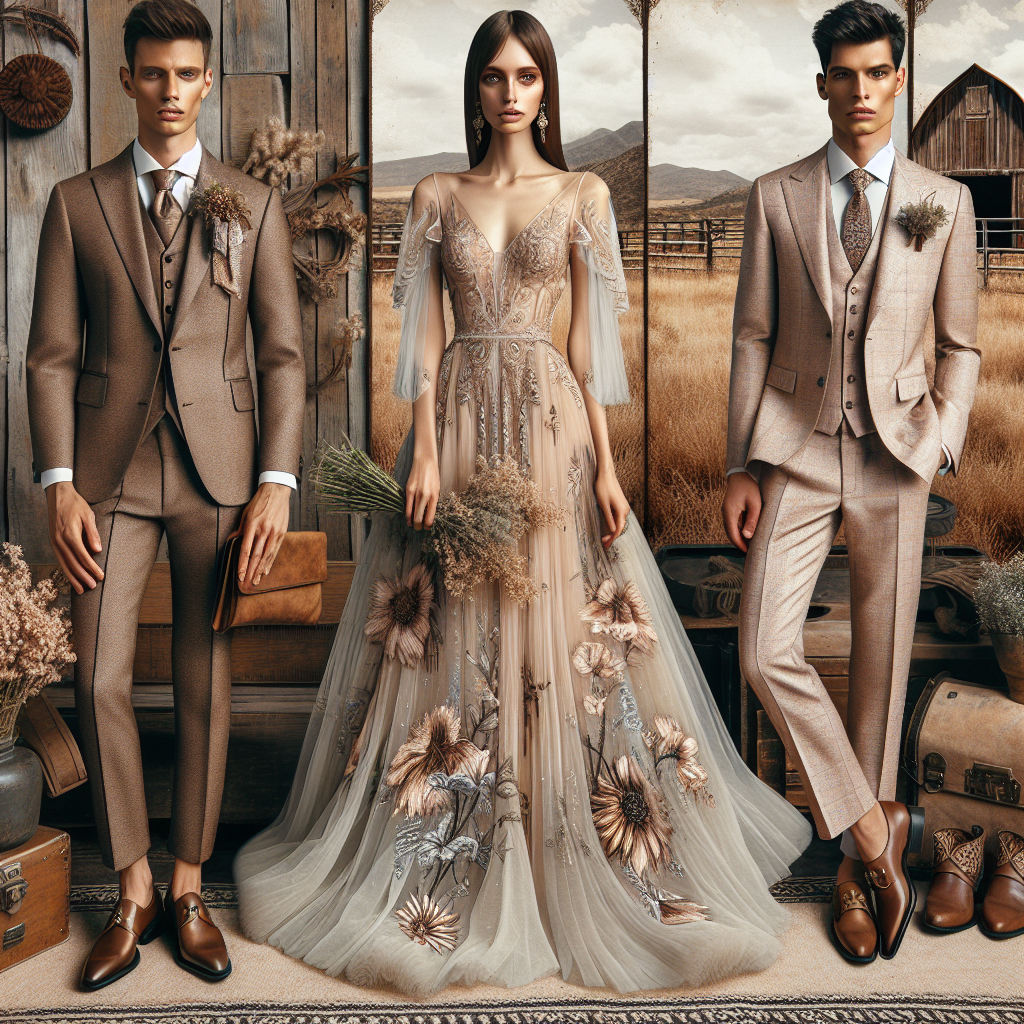 Stunning Western Wedding Guest Outfits for 2023 Envision the latest fashion trends for 2023 Western wedding guest outfits. These outfits should have a stunning appearance, incorporating modern and traditional elements. Picture a Caucasian man dressed in a beautifully tailored suit in muted earth tones, pairing it with a matching tie, a boutonniere of seasonal flowers and polished loafers. Beside him, envision a Hispanic woman donning an elegant floor-length gown in a pastel shade, adorned with intricate embroidery or beadwork, finished with a stylish clutch and high-heeled shoes. To complete the scene, picture them standing against a rural, rustic background, symbolizing the Western theme.