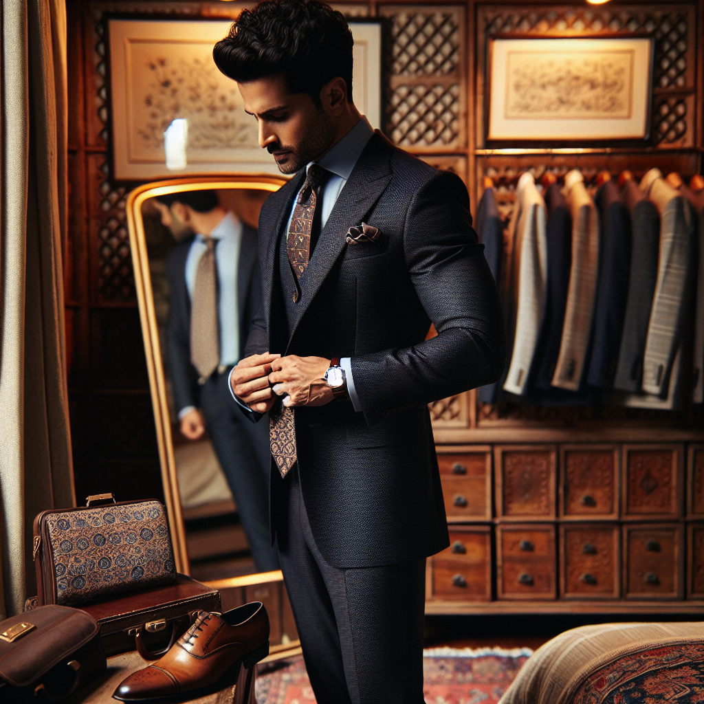 Imagine a detailed scene featuring a South Asian man inspecting his semi-formal wedding attire in front of a mirror. He wears a dark navy suit paired with a light-colored dress shirt, a patterned understated tie, and a matching pocket square. Polished brown dress shoes and a classic wristwatch add the finishing touches to his outfit. The room around him is tastefully decorated, with a vintage wooden wardrobe, a rug with intricate patterns, and soft warm lighting.