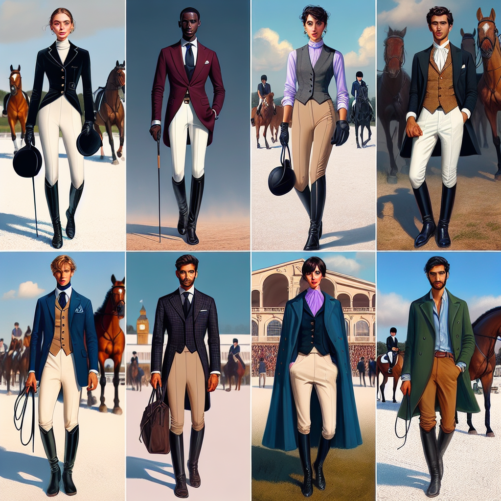 Stunning Outfits for Horse Shows: Effortless Elegance Imagine a dazzling display of high fashion at a prestigious horse show event. Vision a group of five individuals, capturing the beauty and elegance of horse show attire. Picture a Caucasian woman in a chic black riding jacket, crisp white shirt, and beige jodhpurs, clutching a shiny black riding crop. Then, imagine a Black man in a burgundy dress coat, grey vest, navy trousers, and polished black riding boots. Cast a Middle-Eastern woman wearing an exquisite gold-trimmed jacket, lavender shirt, and jet-black jodhpurs. Next, visualize a South Asian man donning a bottle green coat, sand-colored breeches, and brown boots. Lastly, envision a Hispanic woman in a vibrant royal blue jacket, light blue shirt, and dark blue breeches. All are ready to grace the event with their stunning outfits, radiating effortless elegance.