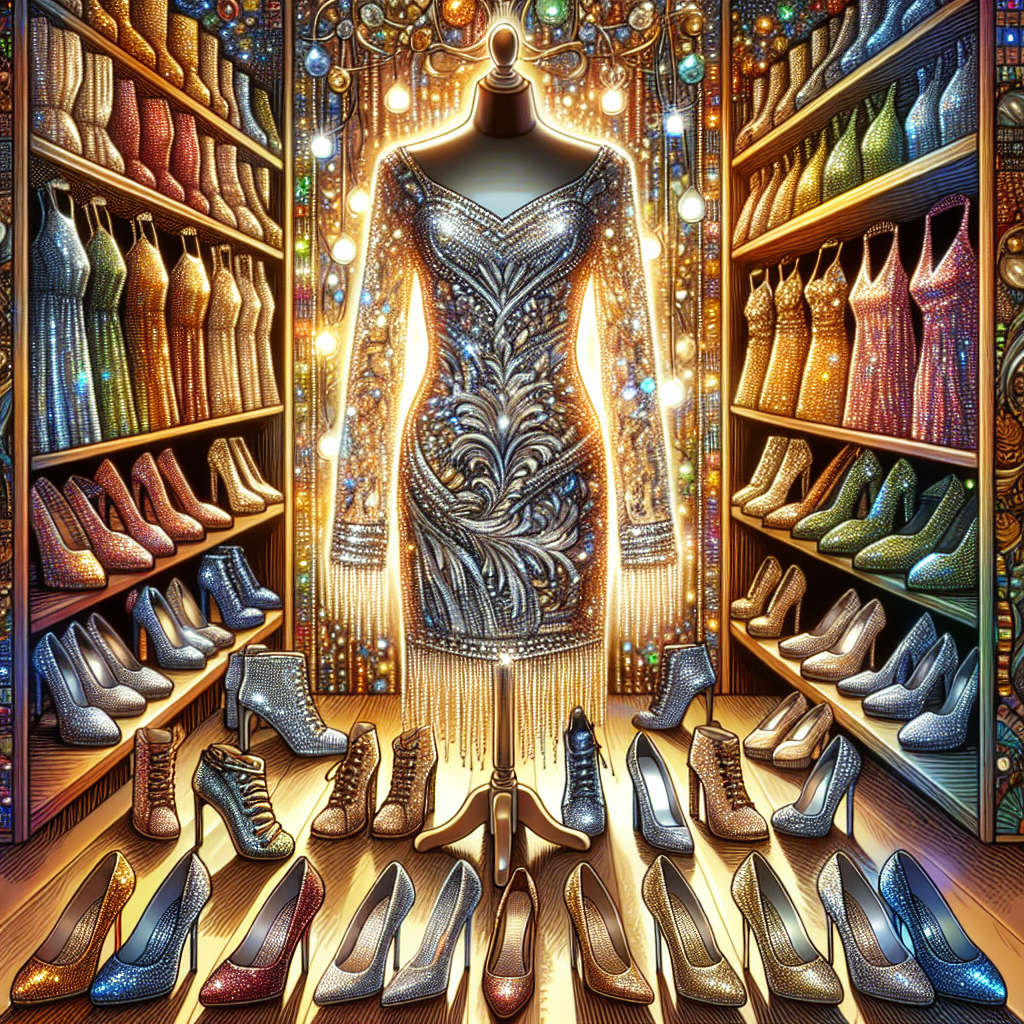 Design an intricate, brilliantly vibrant image of a fashion scene. There is a luxurious silver sequin dress draped on a mannequin. The dress sparkles under the warm store lights, highlighting its stunning details and craftsmanship. Directly underneath, perfectly aligned is an array of assorted stylish shoes in varying designs. There are high heels, pumps, flats, in colors and materials that subtly reflect the glitz of the sequin dress. Show a few prospective pairs being closer to the dress, as if being considered for their compatibleness. Overall, the picture should evoke a feeling of anticipation and elegance.