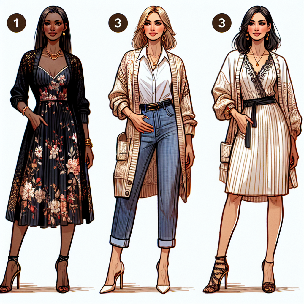 Visualize a fashion-forward scene, providing style inspiration to many women. The primary focus lies on beautiful and smart outfits to wear under a cardigan. Picture a Black woman in a chic, knee-length dress with patterned florals. Next to her, depict a Caucasian woman pairing her cardigan with a casual white shirt and denim jeans. Finally, show a Middle-Eastern woman wearing her cardigan over a stylish blouse paired with a pencil skirt. Each of them carries their unique style, looking confident and poised, offering a versatile style guide for many.