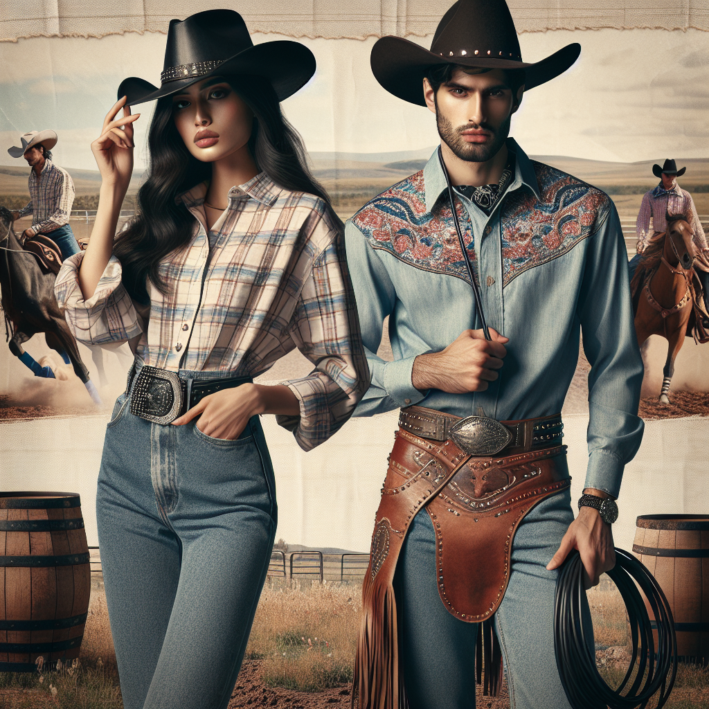Stunning Rodeo Outfits: Effortless Style Guide Create a visually engaging image that features an array of stunning rodeo outfits. A South Asian woman should be showcased wearing a classic plaid shirt, denim jeans, and a studded belt, while holding a cowboy hat in one hand. A Middle-Eastern man should be depicted wearing a western-style embroidered shirt, leather chaps, and a wide-brimmed cowboy hat, with a lasso casually draped over his shoulder. In the background, hint at a rodeo scene with barrels, horses, and a vast open prairie. This image should capture the essence of effortless rodeo style.