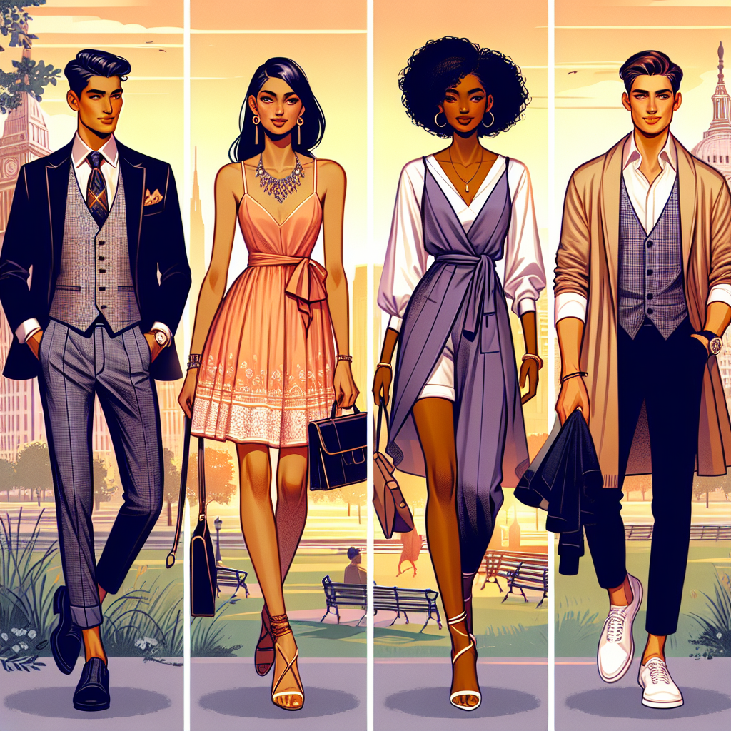 A vibrant, sartorial illustration showcasing four unique and stylish outfits perfect for a walking date. Depict a South Asian man in a tailored, smart-casual outfit; a Hispanic woman in a chic summer dress with accessories; a Black woman elegantly dressed in a stylish jumpsuit; and a Caucasian man in a comfortable yet fashionable ensemble of a lightweight jacket and jeans. Surround them with a city park backdrop indicating the idea of a leisurely stroll, and hint towards the mood of romance with soft, sunset colors in the sky.