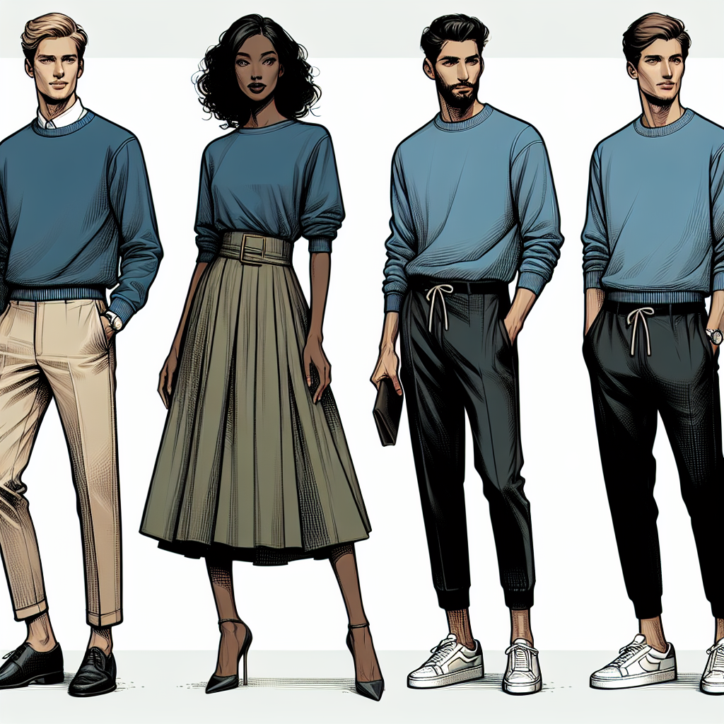 Visualize an elegant style guide showcasing four distinct apparel pieces that pair well with a blue sweatshirt. The first, a Caucasian man dressed in the blue sweatshirt paired with classic beige chinos. The second, a Black woman donning the same sweatshirt, styled with a high-waisted olive green skirt. The third, a Middle-Eastern woman in the blue sweatshirt matched with high-rise jeans. The fourth, a South Asian man in the blue sweatshirt complemented with sporty black joggers. Emphasize its versatility by showing the mix and match possibilities with different accessories.