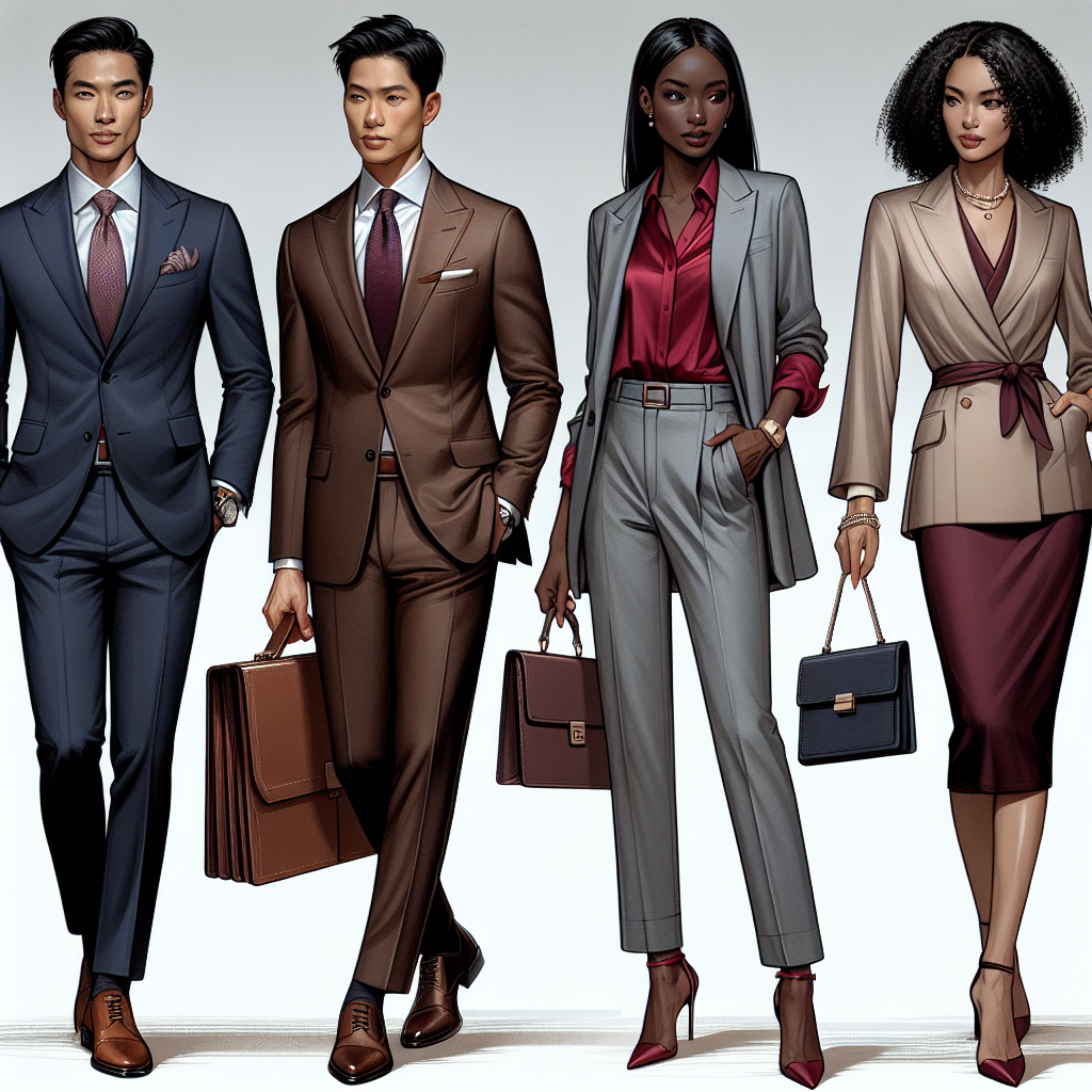 Visualize a variety of striking business meeting outfits, that are stylish and professional. Imagine an Asian man wearing a well-tailored navy blue suit and a light pink tie, carrying an elegant, brown leather portfolio. By his side, a black woman confidently donning a dove-grey pantsuit paired with a ruby-red silk blouse, holding a sleek black clutch. Another scene could include a Middle-Eastern man in a crisp camel-colored suit, sporting a matching pocket square, while a Hispanic woman commands attention in a tailored burgundy dress with matching burgundy heels and a chic pearl necklace. Remember to emphasize the high quality, unique details, and the impact of each outfit.