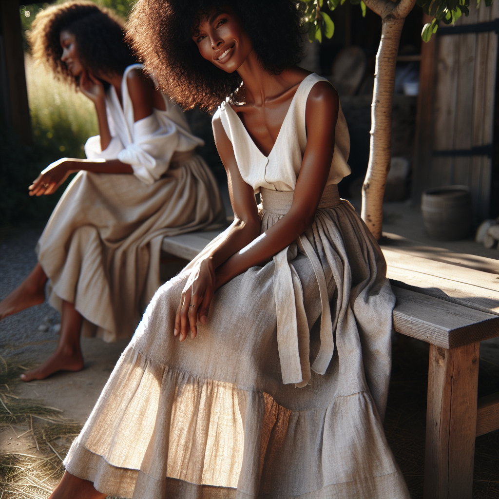 What to Wear with a Long Linen Skirt: Effortless Chic Imagine an outdoor scene, with a stylish woman showcasing her effortlessly chic look. She is Black, has natural curly hair and she's in her mid-thirties. She's wearing a long, flowy linen skirt, dyed in a soft shade of beige. The sunlight gently illuminates the natural fibers of the skirt, highlighting its texture and flow. Paired with the skirt, she dons a sleeveless white blouse, minimizing accessories to let the skirt be the star of the outfit. Sitting on a rustic wooden bench, she is laughing, her charm and charisma filling the image.