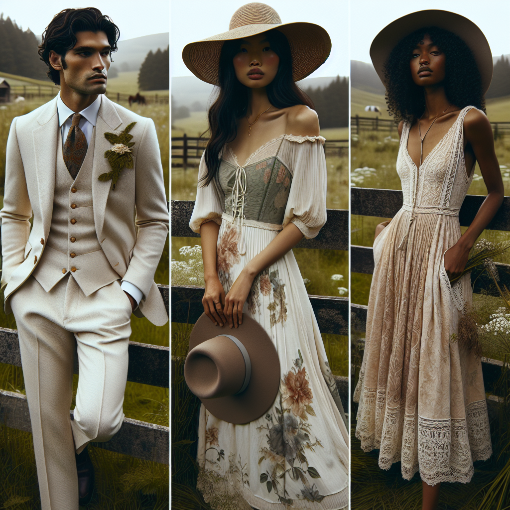 Elegant Outfits for Country Weddings: Must-Have Looks Create an image showcasing a variety of elegant outfits suitable for a rustic country wedding. The scene should include four individuals in a tranquil, outdoor setting. The first person should be a South Asian man sporting a stylish, cream-colored suit and a matching vest. The second person can be a Middle-Eastern woman, draped in an elegant floral dress, with hues of subtle pastels. The third person can be a Hispanic woman holding a wide-brimmed hat, wearing a chic vintage-inspired dress with lace details. Lastly, depict a Black man wearing a charming semi-formal outfit, accessorized with a chic trilby hat. Atmospheric elements like green fields, wooden fences and distant wildflowers shall enhance the country vibes.